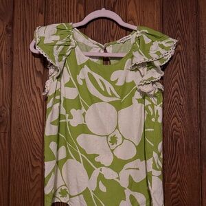 Christian Siriano Green and White Floral Ruffle Top